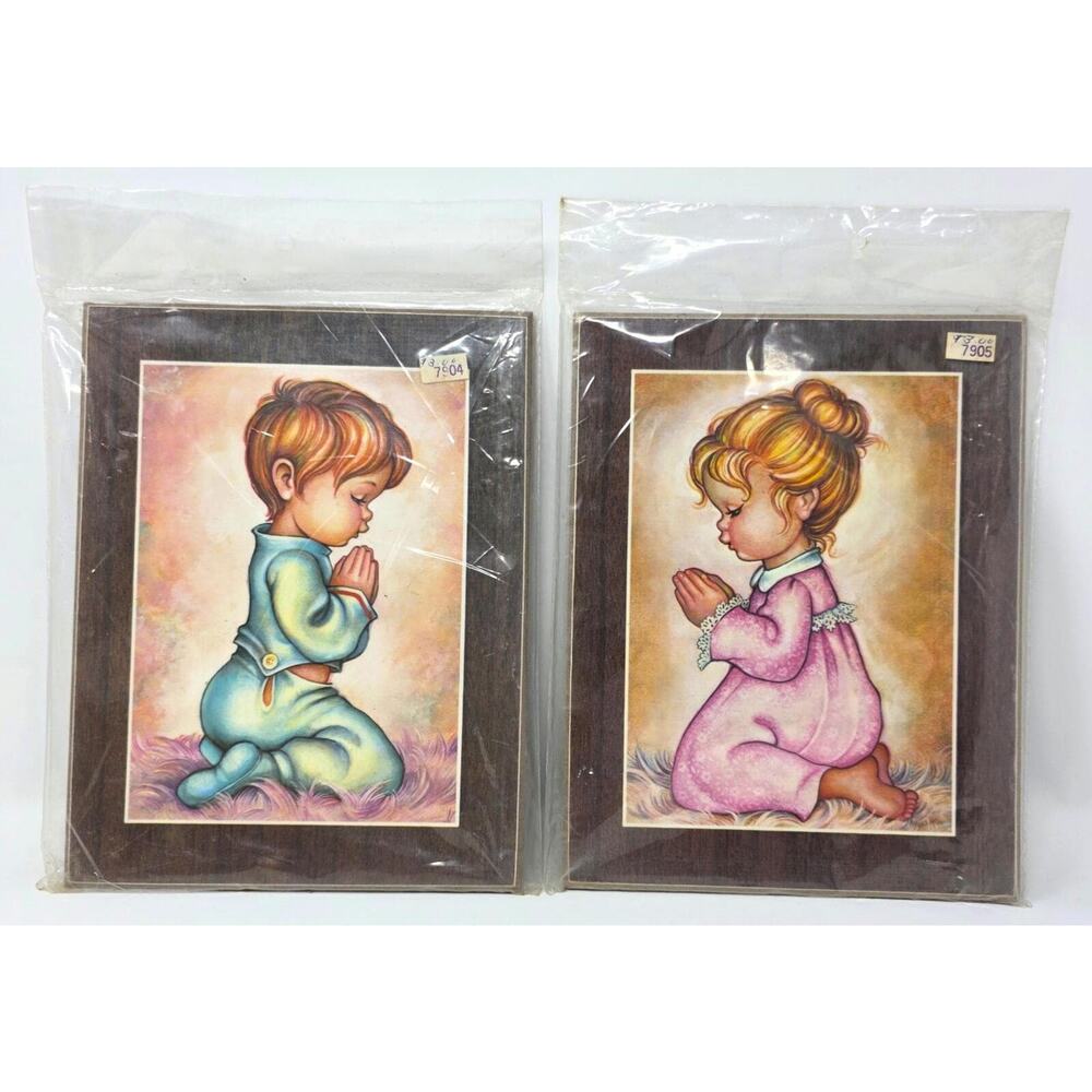 Vintage Praying Boy Girl Wall Plaques Set Sealed Nursery Religious Decor 9x7